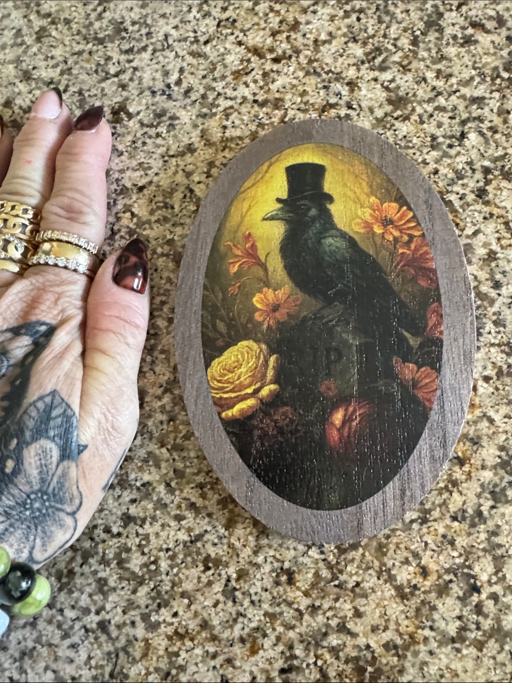Hand-Painted Crow Wall Art Plaque in Black and Yellow